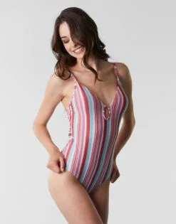 D Maillot Une Pièce En Microfibre Lurex, Rayures Multicolores
