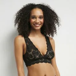 Bralette Foulard Sans Armatures En Dentelle Florale Noir Daily Glam