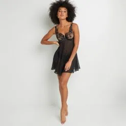 Collection Noël Femme | Anastasia Nuisette Armature Tulle Brode Noir | RougeGorge