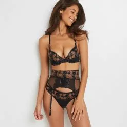Lingerie D'Exception Femme | Alyssa Serre-Taille Tulle Brode Noir/Acajou | RougeGorge